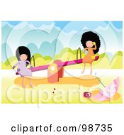 Royalty Free RF Clipart Illustration Of Two Happy Girls Playing On A Teeter Totter In A Park