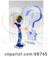 Royalty Free RF Clipart Illustration Of A Confused Man Shopping For A Home In A City by mayawizard101