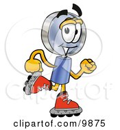 Magnifying Glass Mascot Cartoon Character Roller Blading On Inline Skates
