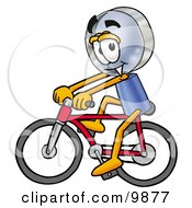Magnifying Glass Mascot Cartoon Character Riding A Bicycle