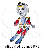 Magnifying Glass Mascot Cartoon Character Skiing Downhill