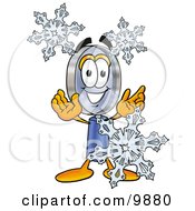Poster, Art Print Of Magnifying Glass Mascot Cartoon Character With Three Snowflakes In Winter