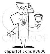 Royalty Free RF Clipart Illustration Of An Outlined Number One Character Wearing A Graduation Cap And Ringing A Bell