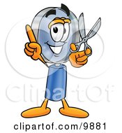 Poster, Art Print Of Magnifying Glass Mascot Cartoon Character Holding A Pair Of Scissors