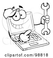 Royalty Free RF Clipart Illustration Of An Outlined Laptop Guy Holding A Wrench