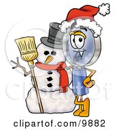 Clipart Picture Of A Magnifying Glass Mascot Cartoon Character With A Snowman On Christmas