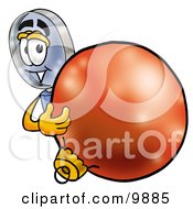 Poster, Art Print Of Magnifying Glass Mascot Cartoon Character Standing With A Christmas Bauble