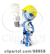 Royalty Free RF Clipart Illustration Of A 3d Ao Maru Robot Wearing A Hard Hat And Holding An Energy Efficient Light Bulb