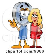 Magnifying Glass Mascot Cartoon Character Talking To A Pretty Blond Woman