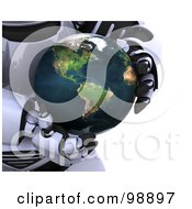 3d Silver Robot Holding A Globe