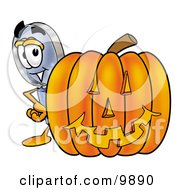 Magnifying Glass Mascot Cartoon Character With A Carved Halloween Pumpkin