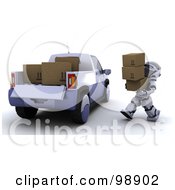 3d Silver Robot Loading Boxes In A Truck