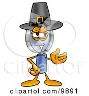Poster, Art Print Of Magnifying Glass Mascot Cartoon Character Wearing A Pilgrim Hat On Thanksgiving
