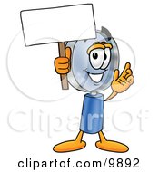 Magnifying Glass Mascot Cartoon Character Holding A Blank Sign