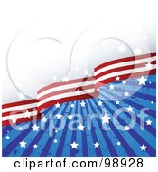 Royalty Free RF Clipart Illustration Of A Grungy Burst Of Patriotic American Stars And Stripes With Gray And White Text Space