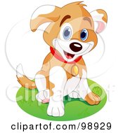 Poster, Art Print Of Happy Puppy Dog Sitting In A Circle Of Grass