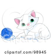 Poster, Art Print Of Playful White Kitten With A Ball Of Blue Yarn