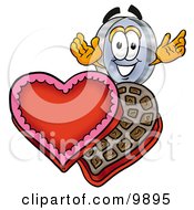 Poster, Art Print Of Magnifying Glass Mascot Cartoon Character With An Open Box Of Valentines Day Chocolate Candies