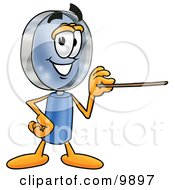 Magnifying Glass Mascot Cartoon Character Holding A Pointer Stick