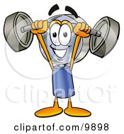 Magnifying Glass Mascot Cartoon Character Holding A Heavy Barbell Above His Head
