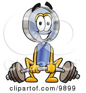 Magnifying Glass Mascot Cartoon Character Lifting A Heavy Barbell