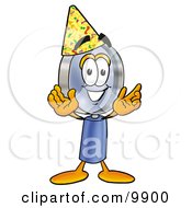 Clipart Picture Of A Magnifying Glass Mascot Cartoon Character Wearing A Birthday Party Hat by Toons4Biz