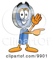 Magnifying Glass Mascot Cartoon Character Waving And Pointing