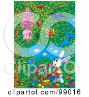 Poster, Art Print Of Rabbit Painting Vegetables Under A Tree With A Bat Bird And Butterflies