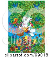 Poster, Art Print Of Rabbit Delivering Painted Veggies To Other Forest Animals On Easter