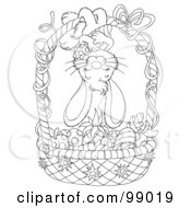 Poster, Art Print Of Black And White Coloring Page Outline Of A Bunny Hanging Upside Down On An Easter Basket Of Colored Veggies