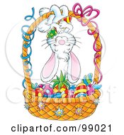 Poster, Art Print Of Cute Easter Bunny Hanging Upside Down On An Easter Basket Of Colored Veggies