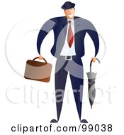 Poster, Art Print Of Businessman In A Blue Suit And Red Tie Carrying A Briefcase And Umbrella
