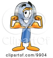Clipart Picture Of A Magnifying Glass Mascot Cartoon Character Flexing His Arm Muscles