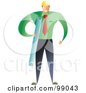 Poster, Art Print Of Male Architect In A Green Shirt And Red Tie Holding Plans