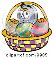 Poster, Art Print Of Magnifying Glass Mascot Cartoon Character In An Easter Basket Full Of Decorated Easter Eggs