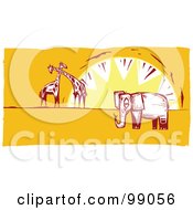Poster, Art Print Of Royalty-Free Rf Clipart Illustration Of An Elephant And Giraffes Against A Sunset