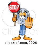 Poster, Art Print Of Magnifying Glass Mascot Cartoon Character Holding A Stop Sign
