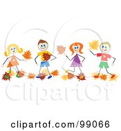 Poster, Art Print Of Group Of Stick People Playing In Autumn Leaves