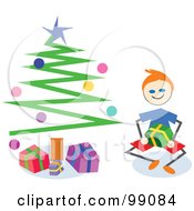 Poster, Art Print Of Stick Boy Opening Christmas Presents By A Tree