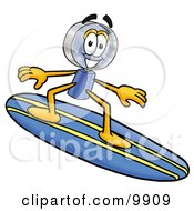 Poster, Art Print Of Magnifying Glass Mascot Cartoon Character Surfing On A Blue And Yellow Surfboard