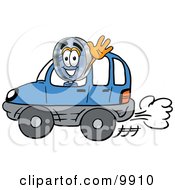 Poster, Art Print Of Magnifying Glass Mascot Cartoon Character Driving A Blue Car And Waving