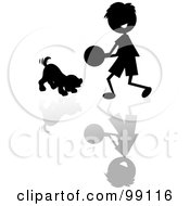 Poster, Art Print Of Silhouetted Stick Boy Playing Ball With A Puppy