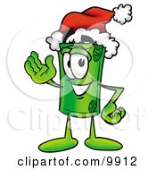 Rolled Money Mascot Cartoon Character Wearing A Santa Hat And Waving