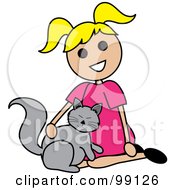 Blond Stick Girl Petting A Cat