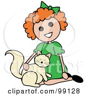 Royalty Free RF Clipart Illustration Of A Red Haired Stick Girl Petting A Cat by Pams Clipart
