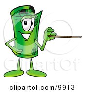 Rolled Money Mascot Cartoon Character Holding A Pointer Stick