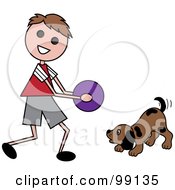 Poster, Art Print Of Brunette Stick Boy Playing Ball With A Dog
