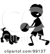 Poster, Art Print Of Silhouetted Stick Boy Playing Ball With A Dog