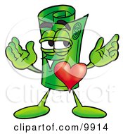 Rolled Money Mascot Cartoon Character With His Heart Beating Out Of His Chest