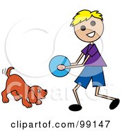 Poster, Art Print Of Blond Stick Boy Playing Ball With A Dog